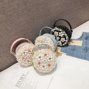Tas tangan wanita, dompet mini untuk anak-anak, tas bahu selempang bulat rantai dekorasi mutiara bunga, dompet tangan mewah