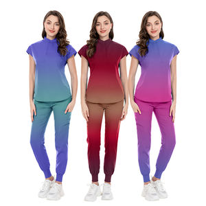 Vente chaude femmes gommage ensemble Anti-rides hôpital infirmière uniforme dernière conception sublimé dégradé couleurs élastiques uniformes chirurgicaux - Product Image 1