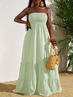 Novedades 2026: Vestido largo de verano sin tirantes con fruncido y volantes, estilo suelto y sin mangas, ideal para la playa y vacaciones.