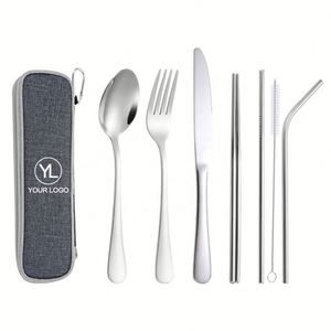 Ensemble d'ustensiles de voyage réutilisables avec logo personnalisé, fourchette, cuillère, couteau, baguettes et paille en acier inoxydable, avec pochette zippée, pour cadeaux événementiels - Product Image 1