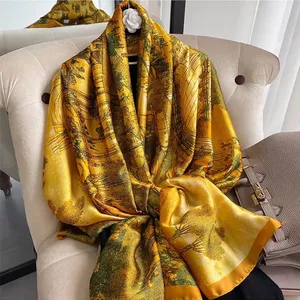 Wholesale 2021 Chinese Style Women Long Fashion Satin Silk Shawls Lightweight Vintage Scarf Silk Oil Painting Print Silk Scarves