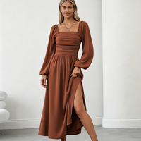 Robe d'automne personnalisable pour femme, col carré, tissée, avec poitrine froncée, manches lanternes, taille haute, fente, couleur unie, élégante, pour le quotidien