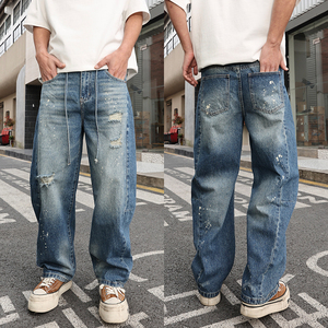 OEM Custom <strong>Mens</strong> <strong>Baggy</strong> <strong>Jeans</strong> Wide Leg Washed Blue Denim Pants Contrast Panel Distressed Streetwear Y2K - Product Image 2