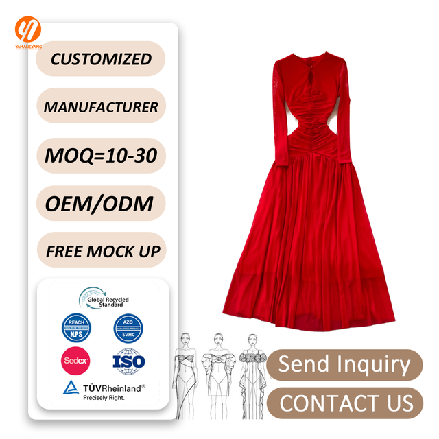 5494TB 2026 Arrival Red V-Neck High Waist Long Sleeve Dress for Women red dress elegant Casual Dress