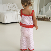 Ensemble d'été pour petite fille : débardeur en maille respirante à motif quadrillé et pantalon ample – Tenue de plage en tricot