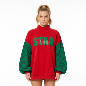 Sweat-shirt d'hiver pour femme, col montant, imprimé à pois et blocs de couleur rouge, manches Green Lantern, motif graphique étoiles et lettres, pull long - Product Image 1