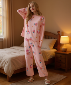 Pigiama da Donna in Cotone e Bambù, Maniche Lunghe, Stampa Cartoon, Morbido Tessuto Lavorato a Maglia, Casual, Autunnale, Collo Tondo, Elastico - Product Image 2