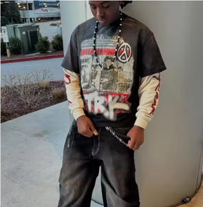 T-shirt a manica lunga a doppio strato con stampa Vintage a manica lunga, personalizzata in velluto a coste, - Product Image 4