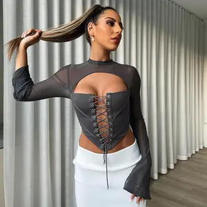 Hot sale women solid color hollow out mesh crop top sexy bandage long sleeve crew neck slit vest for lady