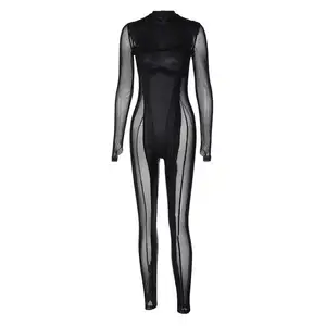Femmes Sexy Club Wear 2024 Combishort See Through Mesh Sheer Layer Long Sleeve Legging Jumpsuits