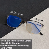 Lunettes de soleil photochromiques populaires pour hommes, avec revêtement bleu, monture métallique carrée, anti-lumière bleue, verres optiques à changement de couleur