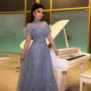 Ruolai ASA-SS75 collo alto una linea abito da festa per <span class=keywords><strong>donna</strong></span> berretto manica sirena blu paillettes con piume abiti da sera modesti - Product Image 3