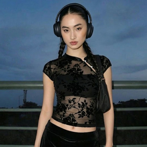 Camiseta moderna china de malla con estampado flocado y botones de rana, sexy, transparente, ajustada, de manga corta para mujer - Product Image 5