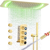 Système de douche Homedec en laiton brossé doré et acier inoxydable, ensemble de robinetterie de douche rectangulaire 26"X16", pommeau de douche pluie LED au plafond 3 voies