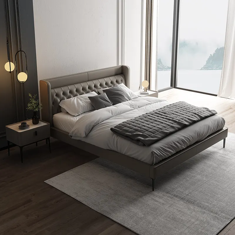 Italian simple design bed frame leather bedside handmade pull button craft light luxury bedroom furniture soft bed King Bed Set