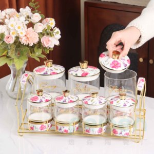 Sang Trọng Hoa Mô Hình Thủy Tinh Kín Jar Tay Áo Với Kệ Vàng 7-Mảnh Thiết Lập Công Suất Lớn Lưu Trữ Jar Cà Phê Jar - Product Image 4