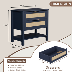 Rattan Nightstand With 2 Drawers Storage Shelf Boho <b>Bedside</b> <b>Table</b> For Bedroom - Product Image 3