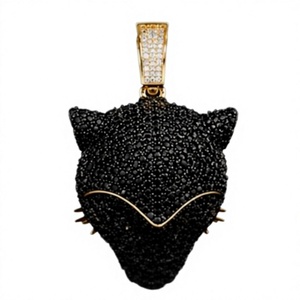 Pendentif Tête de Chat en Onyx Micro-Pavé Moissanite, Argent 925 Plaqué Rhodium, Breloque Hip Hop Sertie Griffe pour Chaînes de Fête et Bijoux - Product Image 1