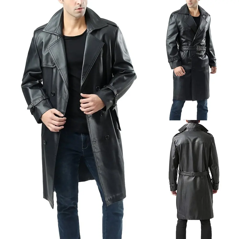 Hight Quality Men Long Winter Sweater Coat Mens Leather Jackets And Coats Leather Trench Coat