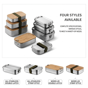 Bencircle CS01 Wood Lid Stainless Steel Lunch <b>Box</b> Double Latch Bento Lunch <b>Box</b> for Kids Adult 304 Stainless Steel Lunch <b>Box</b> - Product Image 2