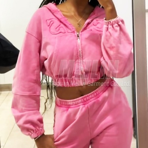 Ensemble de survêtement deux pièces pour femme, coupe courte, zippé, style vintage, délavé à l'acide, avec sweat à capuche et pantalon de jogging, fabrication sur mesure - Product Image 1
