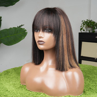 Perruque Bob P4/27 avec mèches, cheveux humains, avec frange, 10 pouces, prête à porter, sans colle, lisse Yaki, pour femmes noires