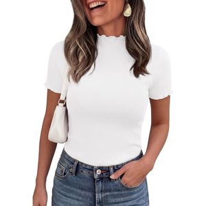 Camiseta de manga corta acanalada para mujer, top básico ajustado con cuello simulado y volantes, ropa informal para primavera y verano - Product Image 2