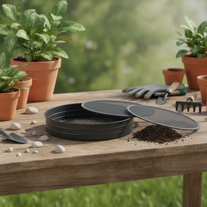 Tamis de jardin en métal galvanisé pour compost, terre et sol, rond, avec 3 tailles de mailles interchangeables - Product Image 1
