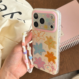 Coque de protection élégante pour iPhone 17 16 15 Pro <span class=keywords><strong>Max</strong></span> avec lanière, motif Lys coloré dessiné à la main et Cœur d'amour - Product Image 4
