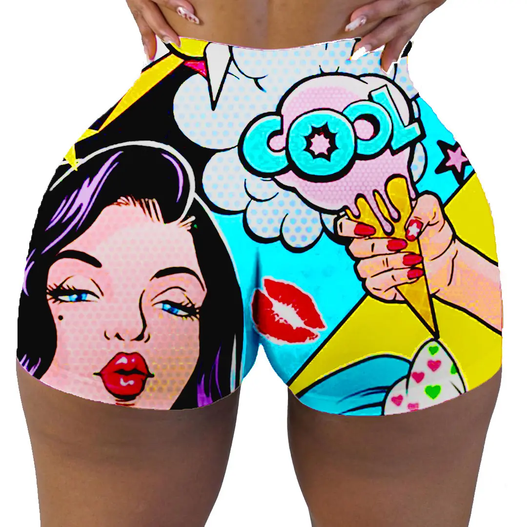 Großhandel individuell sexy Hüftenlifting Shorts eng Karikaturdruck Sport Yoga-Hosenhosen für Damen Mädchen Sport-Workout 2024