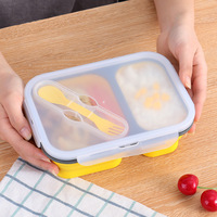 Boîte à lunch pliable à 2 compartiments 650ML+450ML en silicone et PP personnalisable, rectangulaire, colorée avec fourchette-cuillère