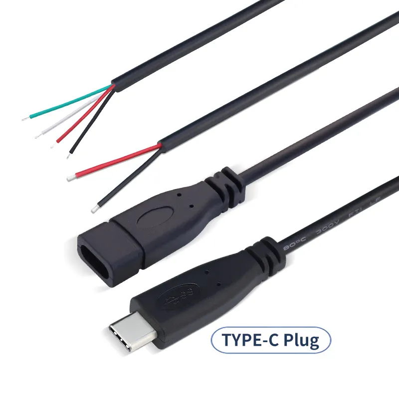 Cable USB tipo C personalizado de 2 núcleos y 4 núcleos, conector macho y hembra, Cable a rayas tipo C para Extremo abierto