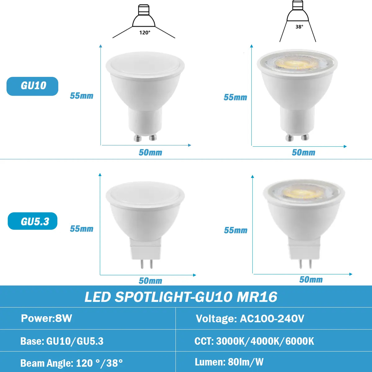Refletor LED de alta qualidade de fábrica AC100-240V 120/38 graus 8W GU10/MR16 3000K/4000K/6000K Material plástico + AL Design moderno