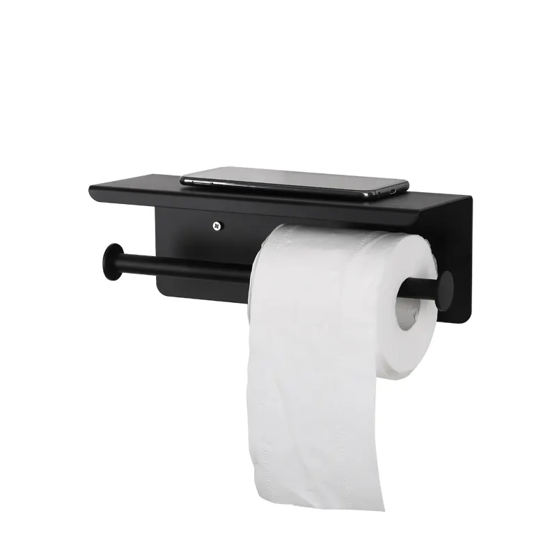 Acessórios de banheiro preto suporte de rolo de toalha duplo montado na parede com prateleira de armazenamento para telefone