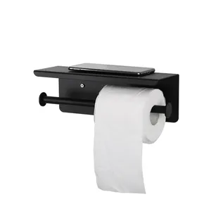 Accessoires de salle de bain noirs porte-rouleau de serviettes mural double avec étagère de rangement pour téléphone