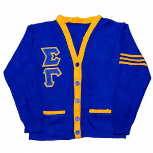 Sigmma | Suéter Cárdigan Rho Azul Rey con Letras Griegas Doradas de Chenilla, Ropa Casual para Hermandades Griegas HBCU - Product Image 1