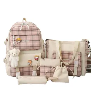 工厂热卖高品质女性旅行可爱5pcs套装初级铅笔盒帆布书包儿童背包套装青少年女孩