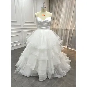 Bridal Elegant Sparkly Detachable Ruffled Overskirt Wedding Gowns Pleated Corset V Neck Satin Wedding Dresses for Pregnant Women
