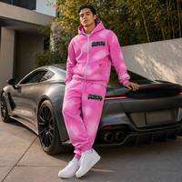 Ensemble de survêtement personnalisé pour homme en coton délavé à l'acide, avec impression en relief, effet délavé par pulvérisation, comprenant un sweat à capuche entièrement zippé et un pantalon de survêtement évasé, style streetwear et jogging