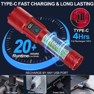 USB C 충전식 전술 손전등 높은 루멘 슈퍼 밝은 LED 방수 휴대용 캠핑 조명 5 모드 줌 - Product Image 3