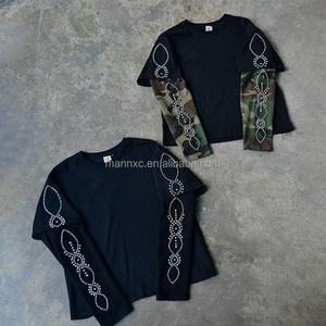 <span class=keywords><strong>T</strong></span>-shirt a maniche lunghe a doppio strato in cotone con motivo waffle, grafica personalizzata, maniche mimetiche con strass, termica, da uomo personalizzabile - Product Image 1