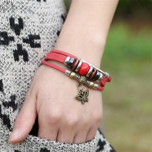 Gelang kulit sapi asli trendi, gelang kulit asli, gelang pesona kupu-kupu dan berlian, gelang manik-manik kulit sapi Retro Eropa dan Amerika - Product Image 5