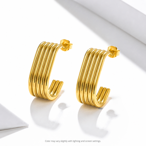 Pendientes de Aro con Múltiples Aros, Acero Inoxidable, Chapado al Vacío en Oro de 14K, Cinco Líneas Redondeadas Paralelas, Diseño Curvo Abierto - Product Image 1
