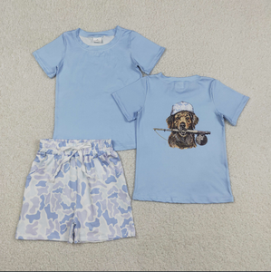 Conjunto de Ropa de Caza para Bebés Hermanos, Camiseta Polo Azul Claro con Estampado de Perros y Bolsillos, Pantalones Cortos - Product Image 5