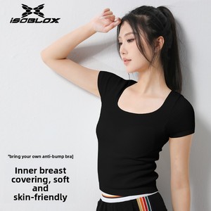 Summer <strong>Blouse</strong> Chest Pads One-Piece <strong>Cup</strong> U-Neck Slim-Fit Figure-Lifting Short Sleeve Streetwear Running Pilates Fitness Top - Product Image 2