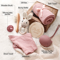 Coffret Cadeau de Naissance Personnalisé Adorable 7 Pièces en Coton Biologique : Couverture d'Emmaillotage en Mousseline, Bavoir et Jouet de Dentition Bébé, Couleur Unie 200TC