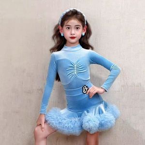 فستان رقص لاتيني للفتيات بأكمام طويلة، تنورة مخملية للرقص، زي رقص السامبا والرومبا والجاز والتشا تشا - Product Image 2