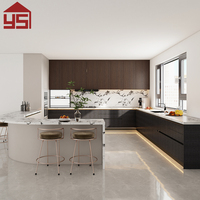 Îlot de cuisine minimaliste laqué en noyer foncé, sans poignées, avec éclairage LED, directement de l'usine, pour appartement