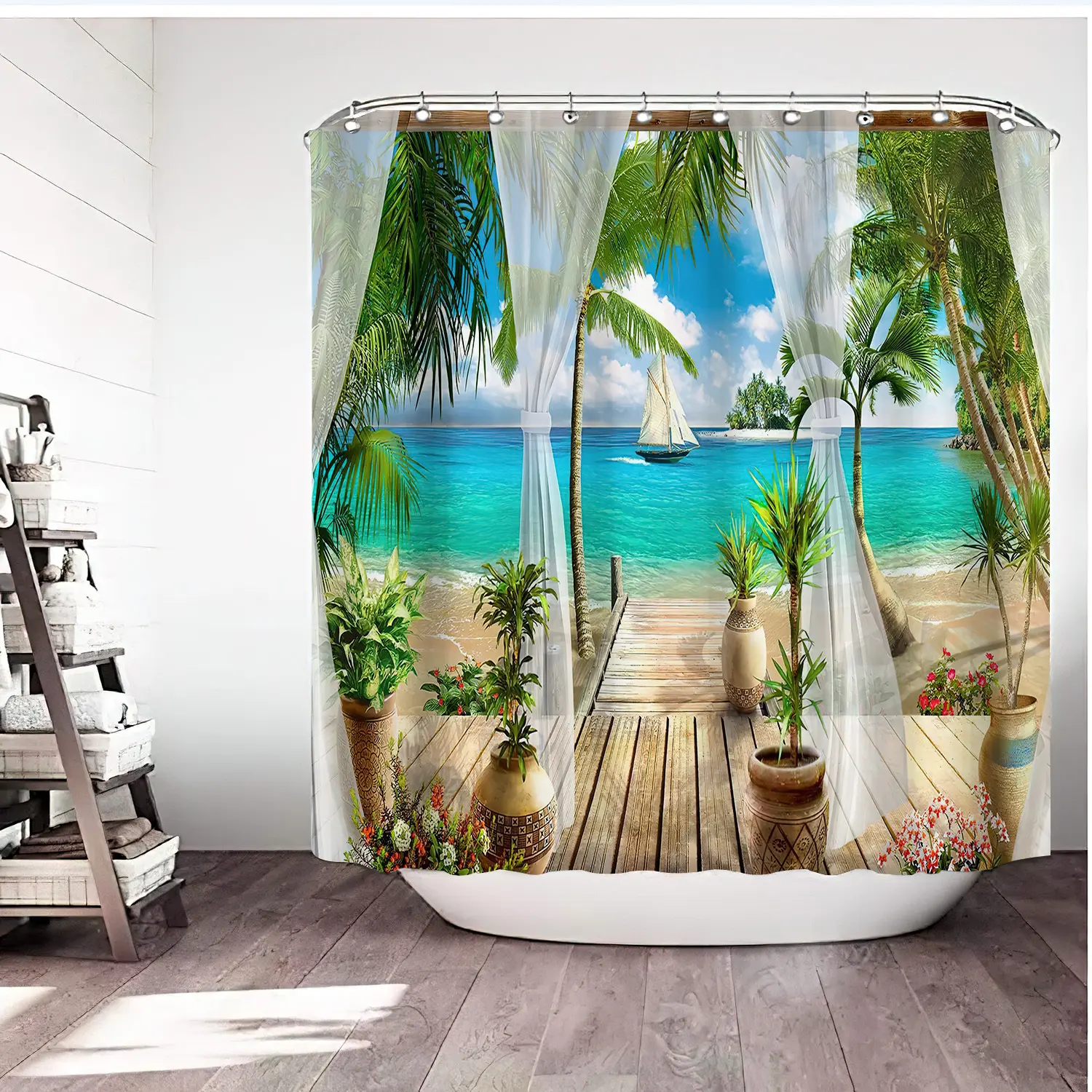 Cortina De Banho 3d Cenário Janela De Impressão Floresta Cortinas De Chuveiro Sea Ocean Waterproof Banheiro Cortina Lavável Tecido Com Ganchos