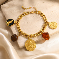 Ensemble collier et bracelet en acier inoxydable plaqué or 18 carats avec pendentif pièce de monnaie et résine ambrée, style bohème vintage, bijoux pour femme, cadeau